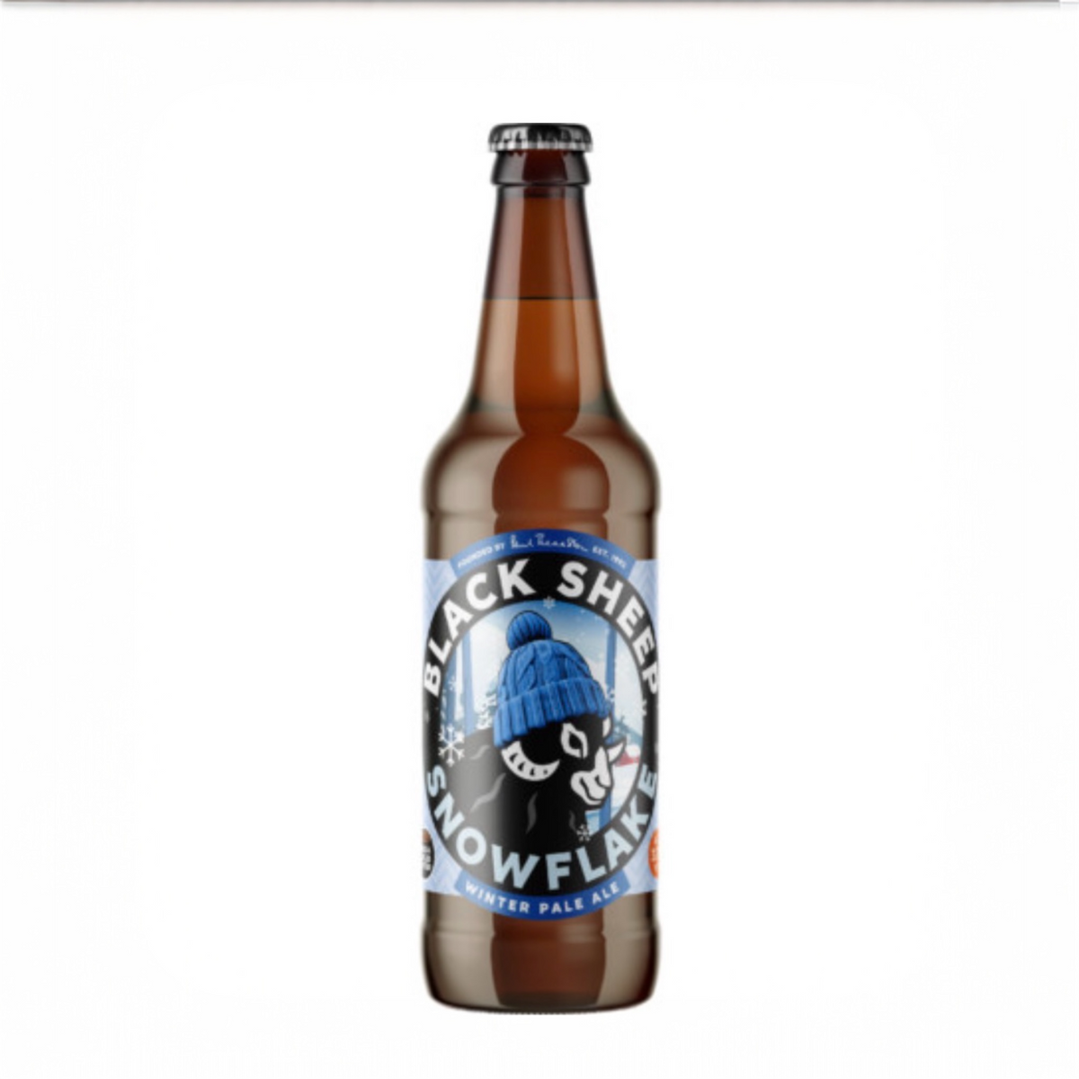 Black Sheep Brewery Snowflake Winter Pale Ale bottle with a blue winter label on a white background