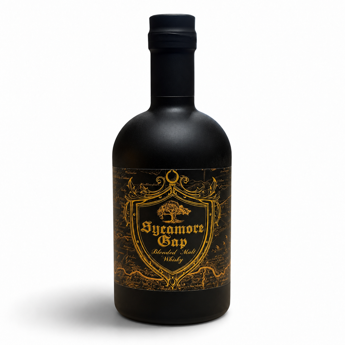 Twice Brewed Sycamore Gap Blended Malt Whisky bottle with ornate black and gold label