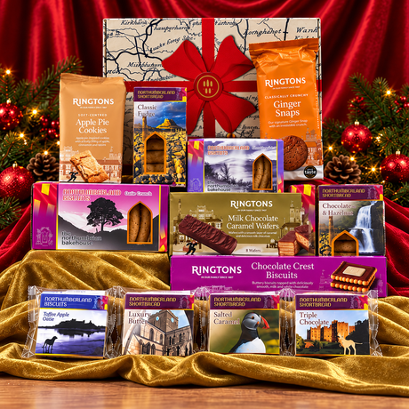 Northumbrian 12 Biscuits of Christmas hamper with Ringtons biscuits and Northumberland shortbread in a festive display
