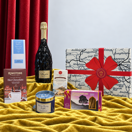 Northumbrian Sweet Dreams hamper with Prosecco, hot chocolate, milk chocolate, biscuits, candle, reed diffuser and gift box