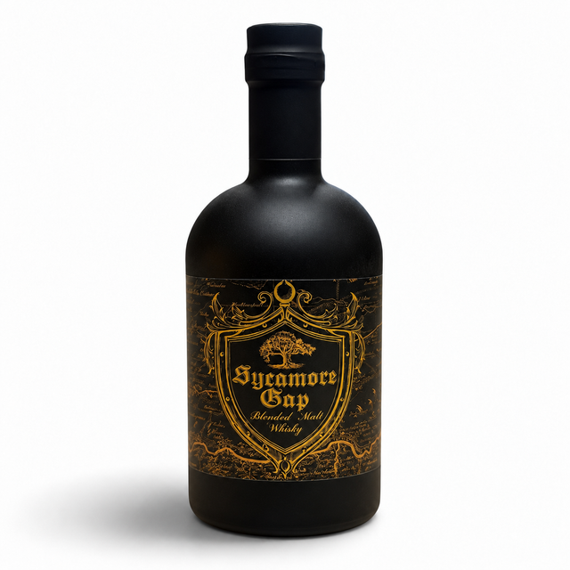 Twice Brewed Sycamore Gap Blended Malt Whisky bottle with ornate black and gold label