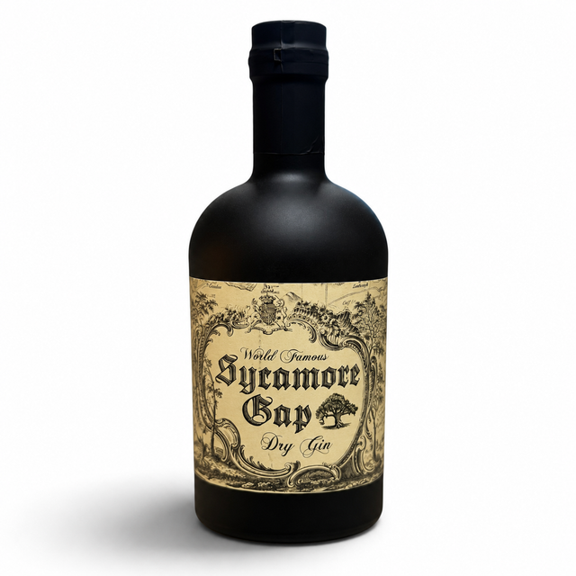 Twice Brewed Sycamore Gap Dry Gin bottle with ornate cream label