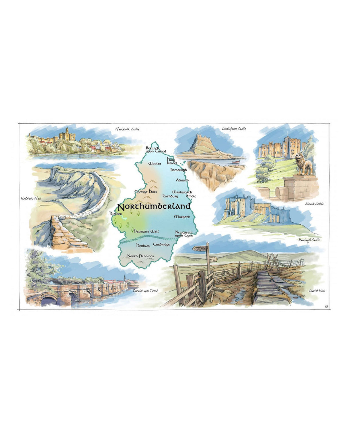 Northumberland Map Tea Towel